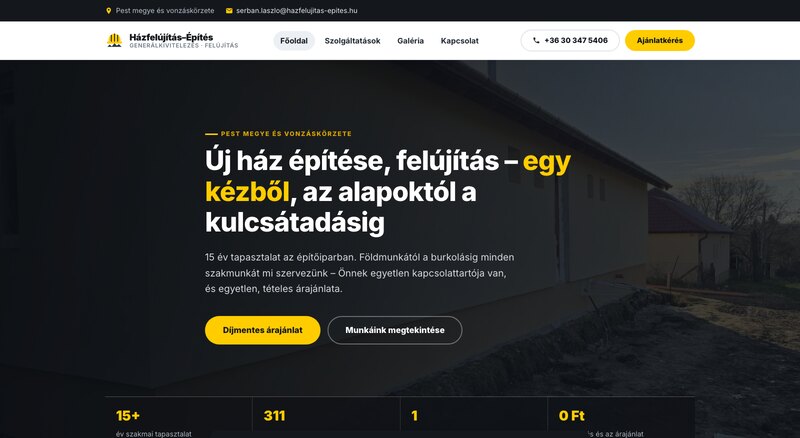 A Házfelújítás–Építés weboldal nyitóoldala