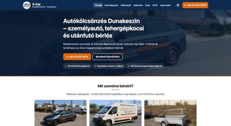 Az X-Car Autókölcsönző weboldal nyitóoldala