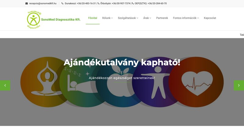 A SonoMed Diagnosztika weboldalának nyitóoldala